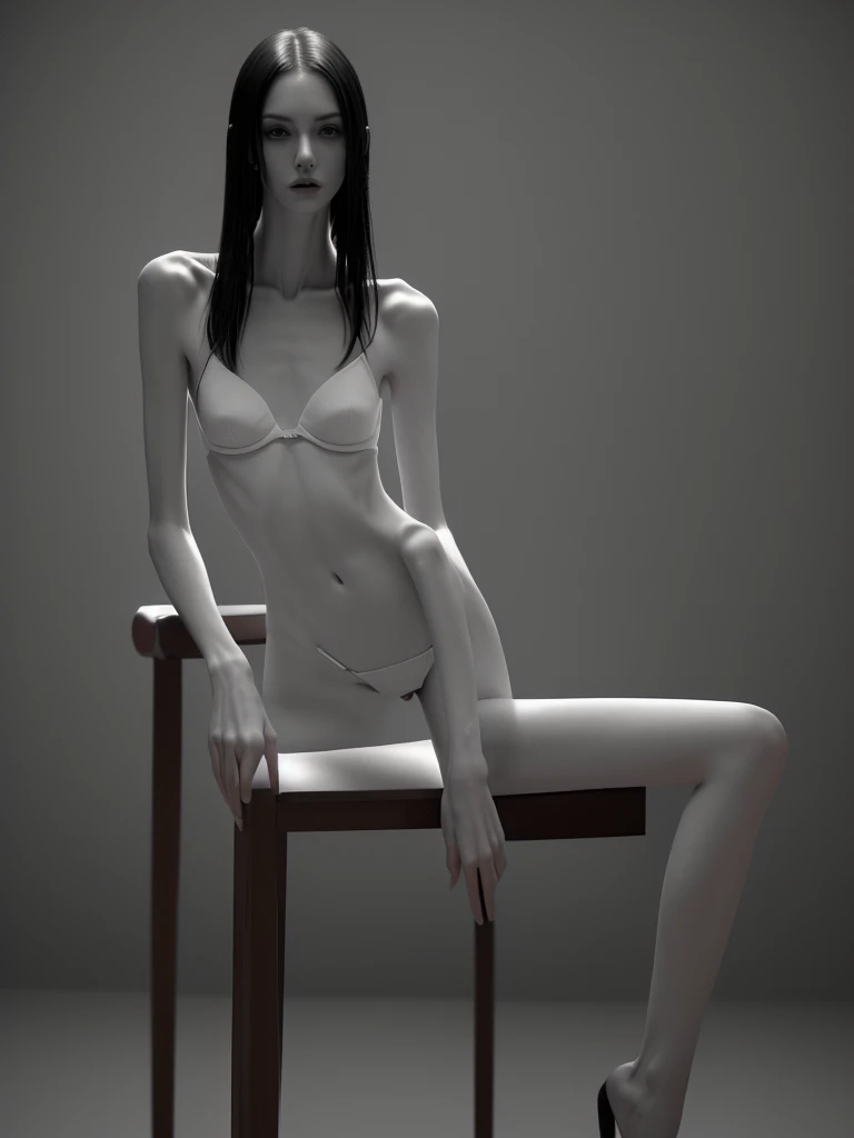 A very thin girl, extremely skinny, skin extremely pale, body showing bones, wearing panties and bra, sitting on a chair, full body shot, (best quality,4k,8k,highres,masterpiece:1.2),ultra-detailed,(realistic,photorealistic,photo-realistic:1.37),hyper detailed,intricate details,high contrast,dramatic lighting,moody atmosphere,pale skin,skinny,frail,vulnerable,erotic,sensual,provocative