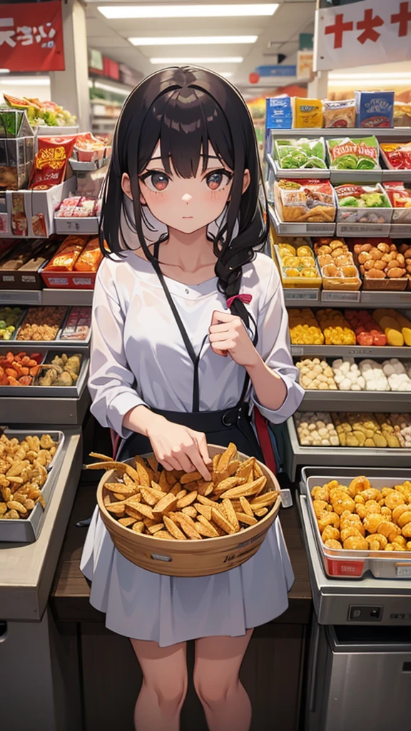 A girl inside the market choosing snacks