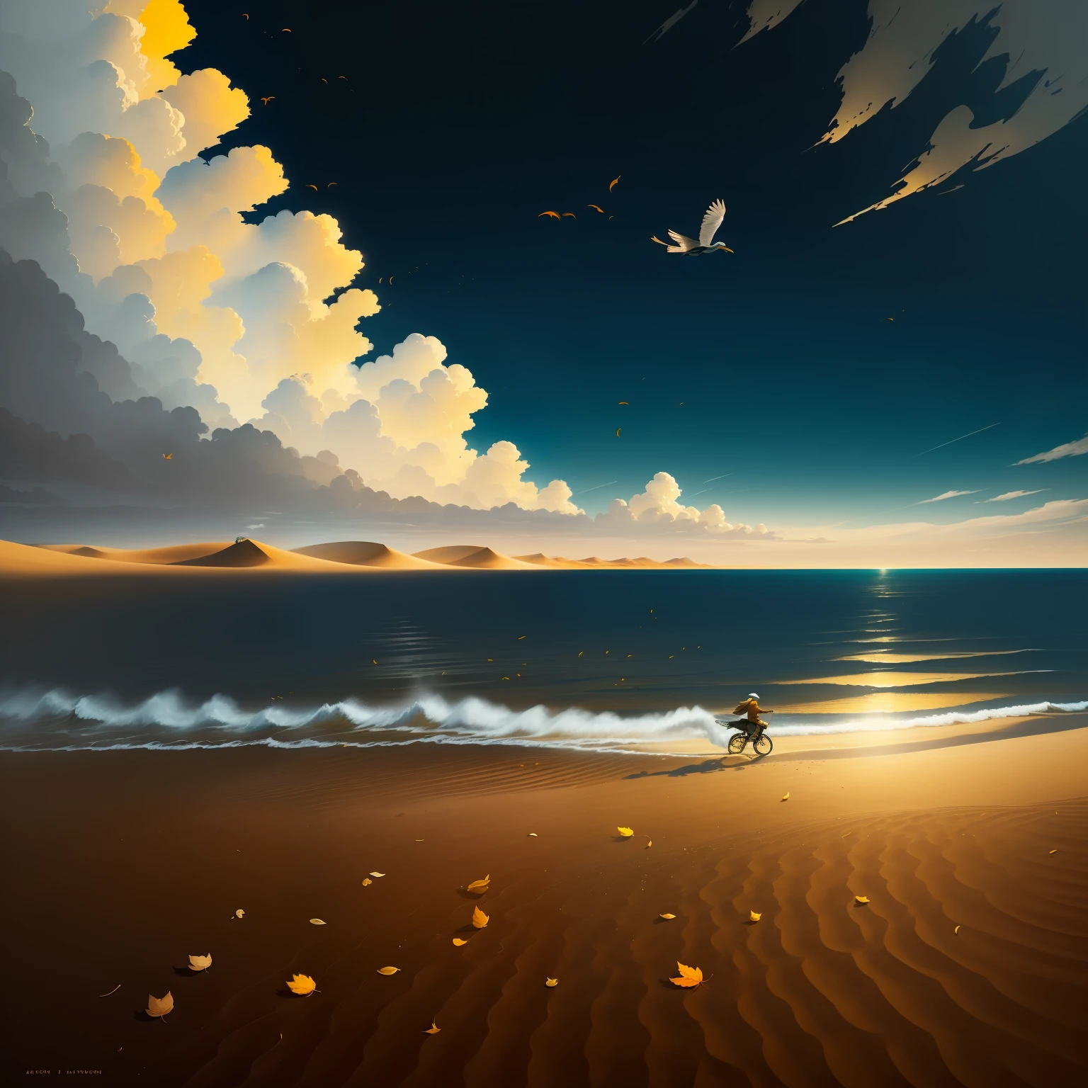 create a main character riding a large tall bird similar to the great blue heron in a beautiful flat desert landscape of a 3d video game vista , riding a giant tall blue heron bird, the main character wears a long yellow tan trench coat with hood and tinted goggles, endless miles of blowing sand dunes, riders in the far distance, blue skies with billowing white clouds pink tinged, blowing boiling swirling wind, blowing leaves of grass, dark yellow and azure, majestic, sweeping seascapes, photorealistic representation, graceful balance, wimmelbilder, Andrew Wyeth, orange, Leaves of Grass, Andrew Wyethy