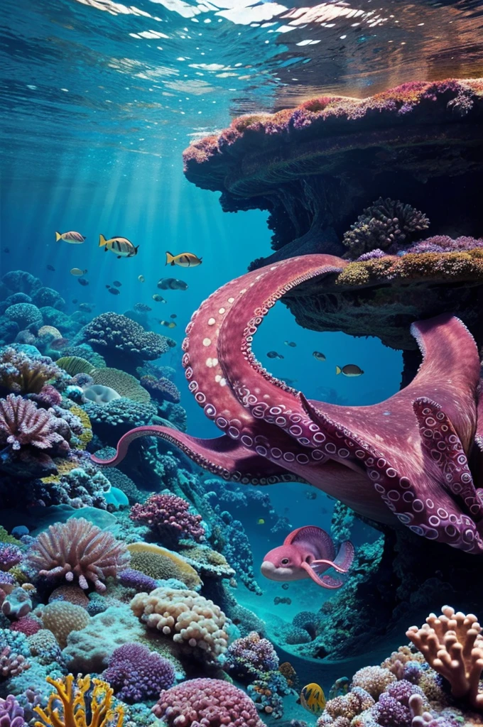 Show a vibrant underwater scene with an octopus.