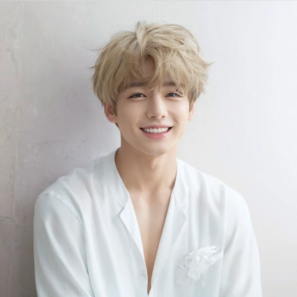 Jeon Jungkook, Blonde hair, tender, smiling sweetly, handsome, bts, jeon Jungkook, Korean boy, white shirt, high resolution 4k image, beautiful smile, Asian boy, Korean, Jungkook, staring at camera