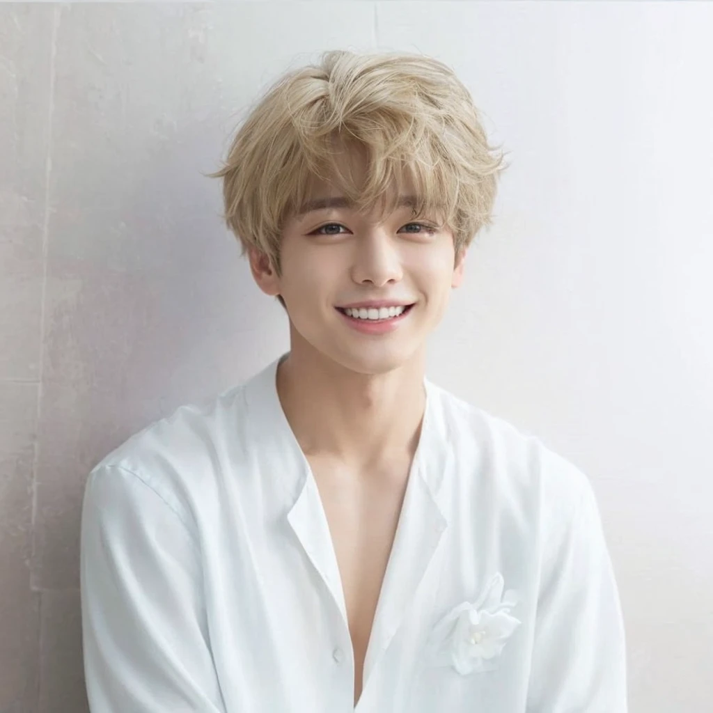 Jeon Jungkook, Blonde hair, tender, smiling sweetly, handsome, bts, jeon Jungkook, Korean boy, white shirt, high resolution 4k image, beautiful smile, Asian boy, Korean, Jungkook, staring at camera