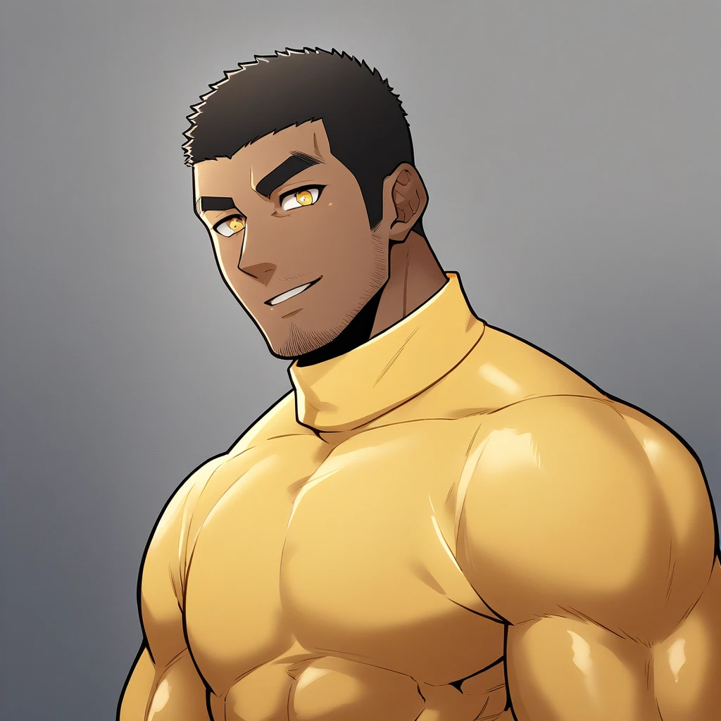 anime characters:Gyee, Young Muscle Sports Student, negro black skin, Buzz Cut, Manliness, male focus, Dark yellow high collar long sleeve tight T-shirt, Slightly transparent texture, Very tight, Slightly transparent, muscular male, muscular, only, Upper body, alone, Black short hair, Thick eyebrows, stubble, Yellow eyes, Grey background, simple background, amazing quality, best aesthetics, Ridiculous, bright pupils, crew cut, parted lips, seductive smile, torogao, naughty face, best quality
