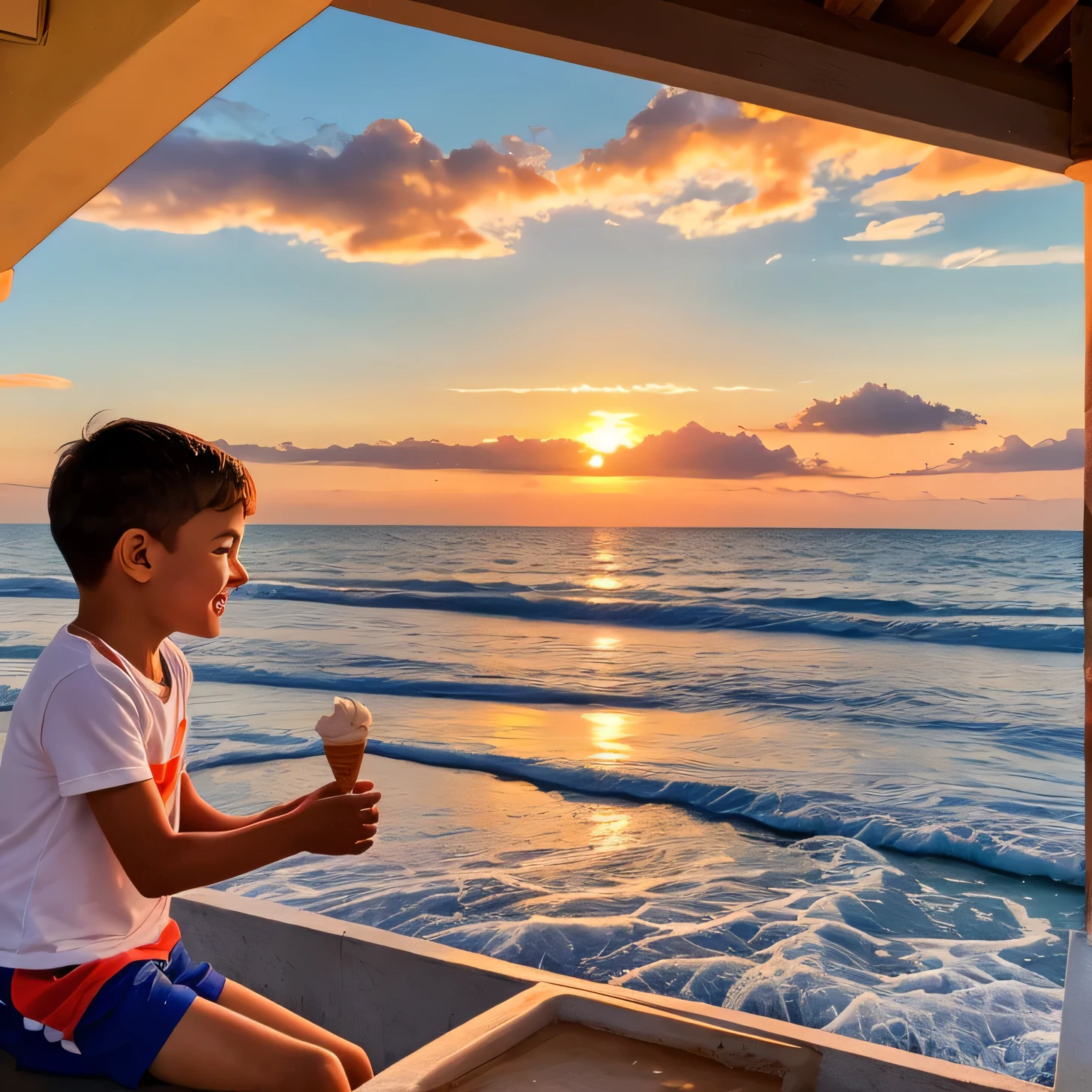 Beautiful summer sunset by the sea and happy ren eating ice cream