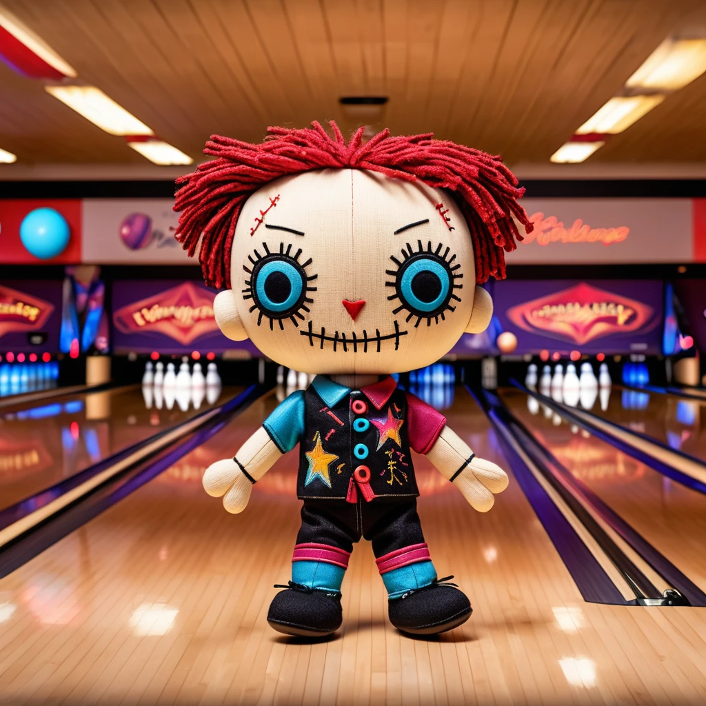 (knitted toy voodoo doll:1.7), (Voodoo at a Bowling Alley:1.3), (Clothing: bowling attire with glowing pin patterns:1.0), (Accessories: enchanted bowling ball emitting sparks of strike magic, levitating spectral pins:1.1), (background: lively bowling alley with floating bowling balls, glowing lanes, and spectral bowlers:1.2), best quality, masterpiece, detailed soft oil painting, detailed background, dramatic cinematic lighting, soft edge lighting, professional, dramatic lighting, hard edge lighting, ultra quality, 4k, masterpiece, best quality, 8k, ultra high definition, high resolution, extremely detailed