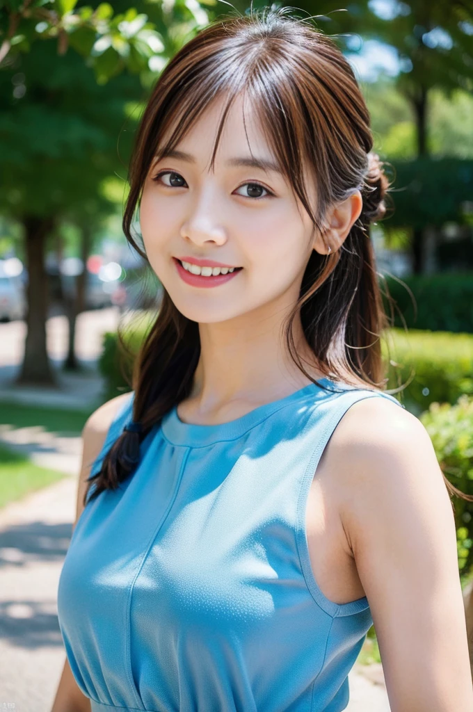 (8K, RAW Photos, Highest quality、masterpiece:1.2), (Realistic、Realistic:1.37), Japanese,like々Shii, Laughter, View your audience, blue sky, Vibrant, elegant,Upper Body,soft, Natural light, Pay attention to hairstyles and facial features,A gentle and charming look,Contemporary fashion style,