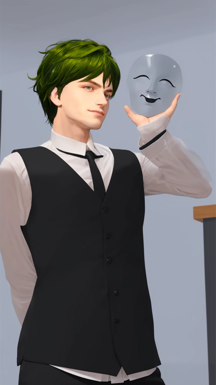 Create a realistic depiction of a young man with greenish hair styled in a casual, tousled look. He has piercing eyes with a distinct blue color. He is wearing a formal outfit consisting of a white shirt with a black tie and a black vest. He holds a translucent mask with a smiling face in his left hand, looking at it with a confident and slightly mischievous expression. The background is a simple, neutral-toned interior setting.