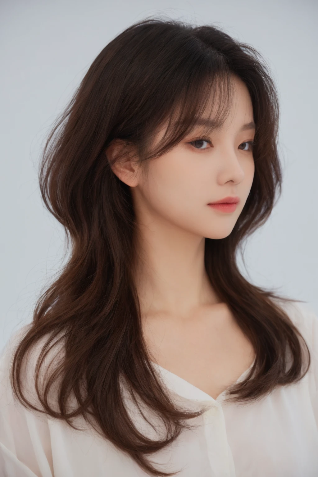 Best Quality, 8k, Masterpiece, (Portrait: 1.3), (photo realistic:1.4), (hyper realistic:1.4), Sharp Focus, looking at viewer, (smoother lighting:1.1), (increase cinematic lighting quality:0.9), realistic lighting, backlighting, light on face, ray trace, (brightening light:1.2), (Increase quality:1.4), sharp detail, (best quality real texture skin:1.4), finely detailed eyes, black_eyes, finely detailed face, 25 year old Korean woman, (white formal_shirt:1.4), (Create an image maintaining the original base model hairstyle:1.5)