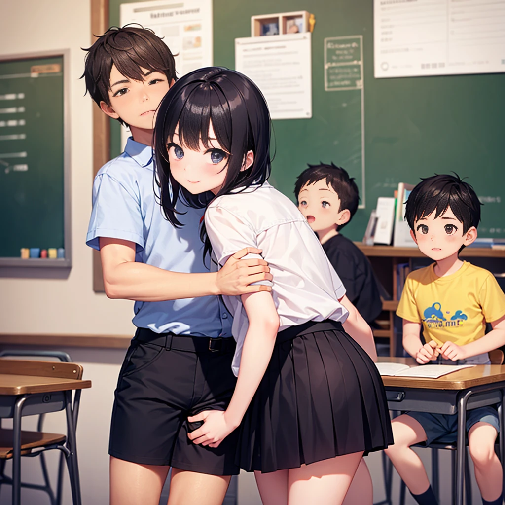 Highest quality,Highest quality,A female  teacher in her 30s and a 6-year-old boy、The her iearing a tight long skirt、The teacher hugs the boy from behind.、Put your hand in your crotch