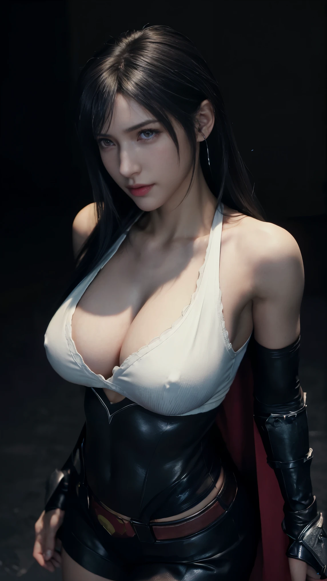 8K, Top Quality, Intricate Details, Ultra Detail, Ultra High Resolution, Masterpiece, close up shot, (full body: 1.1), Slender, Smile, (Makeup: 0.4), (), (Fluffy Eyes: 1.21), ((bangs)), 1girl, solo, 1 girl, (((red eyes, black hair, bangs, long hair)), ((Tifa,Tifa・lockhart,Final Fantasy 7,FF7,l)), close up shot, , ((tall)), (((fit body))), (((slim face))), sharp face, ((superman suit)) , (detailed face), sharp face, small lips, ( super pose ),
((, )), , ((,)), detailed face, detailed breast, large breast, huge breast, (( )), detail ass, Narrow Waist, Skinny, tall , 175 cm tall, Muscular, Navel, Exposed Abdomen, Pointed Chest,, Beautiful girl with accentuated slender abs: 1.4, Six Pack Abs: 1.4,, Perfect Body, detail leg, (( dark background)), black background,