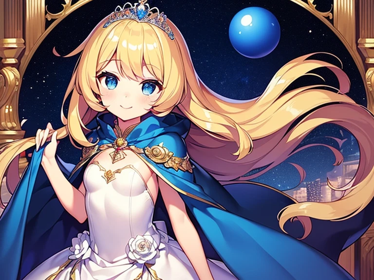 looking at viewer,(kawaii),(best quality),(ultra detailed), upper body,(rococo style),(long train blue cape:1.15), very long cape,(long train white ball gown with flower decorations:1.1), a girl is wearing a cape over her gown, 1 little princess, tiara, smile, very long hair, small breasts