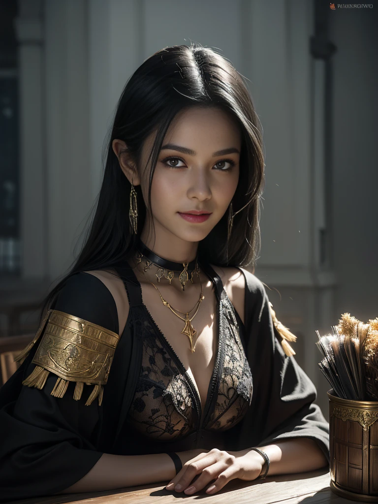 A black bra is visible underneath the armor., Full body image, Highest quality,masterpiece,masterpiece portrait,Intricate details,Magnificent Light,Fantasy,Dungeons & dragon,Retro,priest,Dark Elf,One girl,Wooden table,Shoulder strap,Grey Skin,Elegant smile,squint,Close-up portrait of a Mycenaean Drow woman wearing gold jewelry, Spider:0.9, web:1.0, Fantasy, Volumetric lighting, コンセプトart, Brush Stroke Style, artステーション, trend, Very detailed, art：Greg Rutkowski  