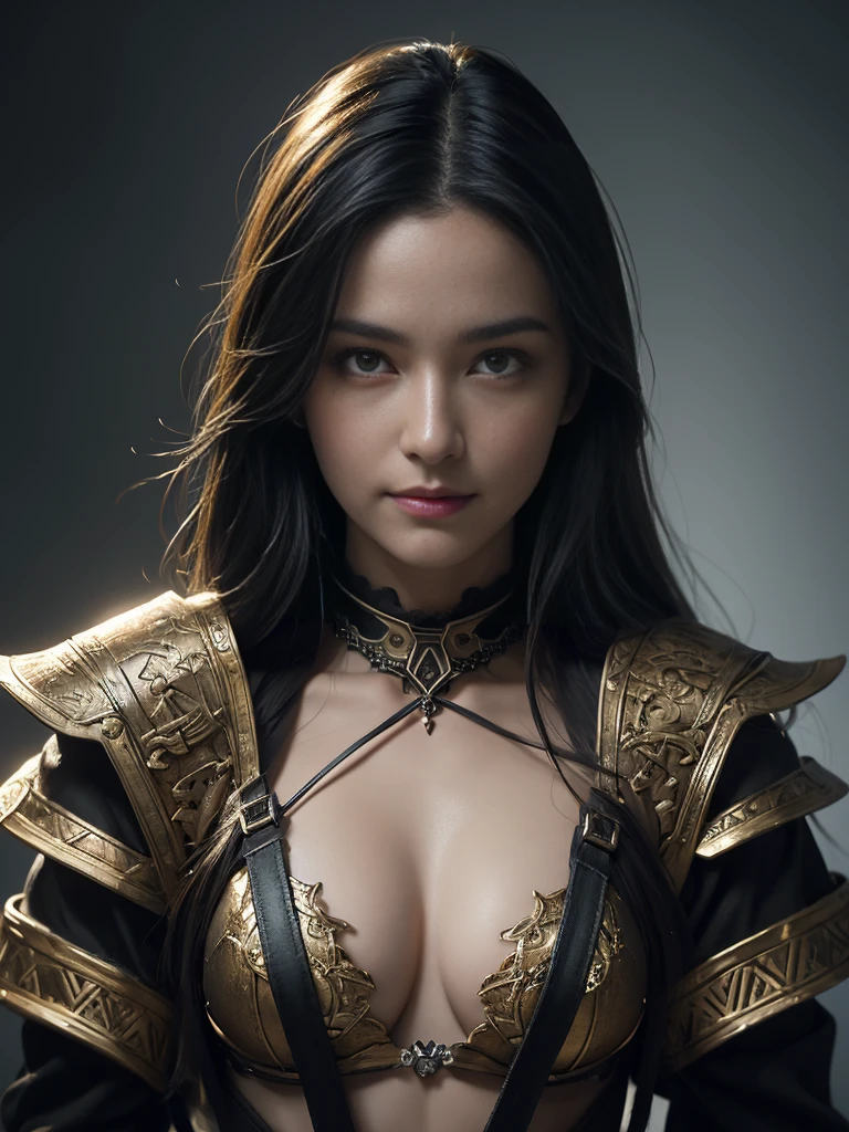 A black bra is visible underneath the armor., Full body image, Highest quality,masterpiece,masterpiece portrait,Intricate details,Magnificent Light,Fantasy,Dungeons & dragon,Retro,priest,Dark Elf,One girl,Wooden table,Shoulder strap,Grey Skin,Elegant smile,squint,Close-up portrait of a Mycenaean Drow woman wearing gold jewelry, Spider:0.9, web:1.0, Fantasy, Volumetric lighting, コンセプトart, Brush Stroke Style, artステーション, trend, Very detailed, art：Greg Rutkowski  