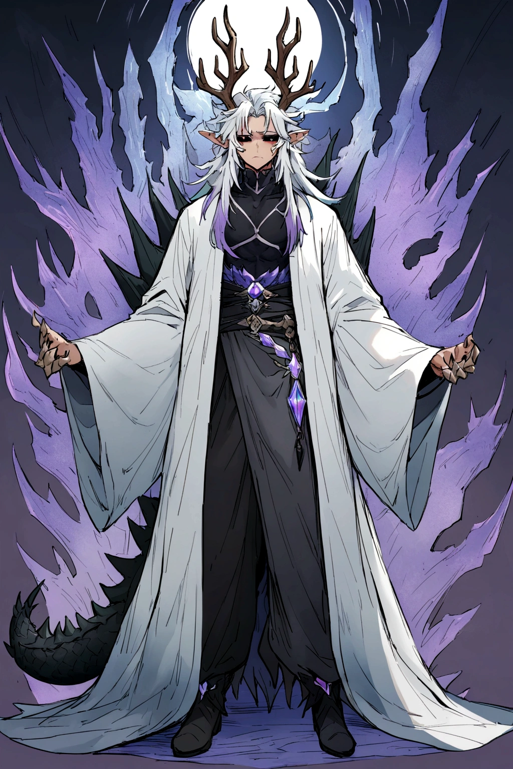 Solo, male , Character fusion: Nibelung fused with nidhoggr, odin and sun wukong, tall tanned man with wild unruly white hair, bangs on face, bangs, ((iridescent irises)), black sclera on eyes, long voluminous hair, spiky hair, pointy ears, fit , clawed fingers, dragon tail, open haori, turtleneck tanktop, dark crystal antlers, exhausted expression, khaenr'ah abyss, draconic person, calamity incarnate, full body