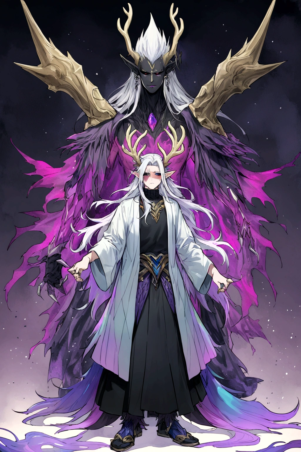Solo, male teen, Character fusion: Nibelung fused with nidhoggr, odin and sun wukong, tall tanned man with wild unruly white hair, bangs on face, bangs, ((iridescent irises)), black sclera on eyes, long voluminous hair, spiky hair, pointy ears, fit , clawed fingers, dragon tail, open haori, turtleneck tanktop, dark crystal antlers, exhausted expression, khaenr'ah abyss, draconic person, calamity incarnate,  full body