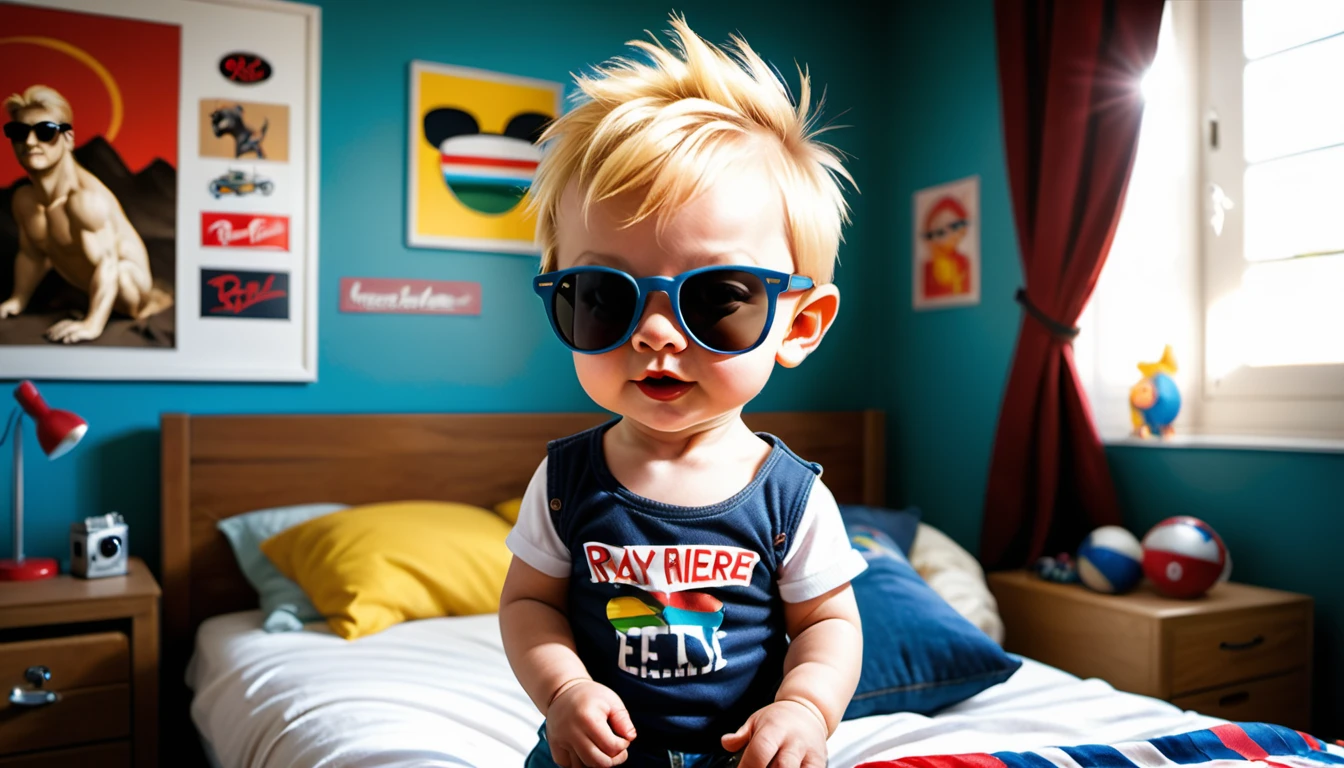 (style de film photo), cute little blond hair baby boy , sunglasses ray-ban, dans sa chambre, étudier, 2D, coloré, Ambiance chaleureuse, brillant, Jean-Baptiste Monge style, À la manière d'Alan Lee