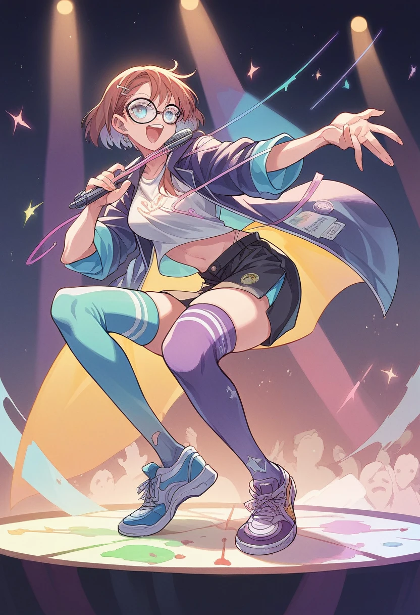 ultra-detailed:1.3, ultra delicate and detailed face:1.3, (absurdres, texture, masterpiece), isometric:1.3, Chinese ink painting, pixiv contest winner, by Hiromu Arakawa, Dynamic manga-style illustration of DJ Girl with glasses, emotionless, in DJ booth, 1headphone, rave, Cinematic lighting:1.1, 