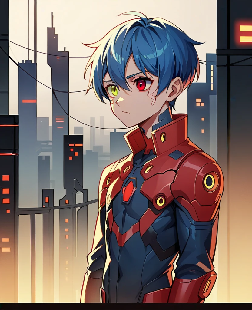 (masterpiece:1.3), (Best Cinematic Quality:1.2), (Very detailed settings:2), (soft+Artistic lighting), (One boy), short blue haired, (eye+yellow+red:1.4), (multicolored eye+Heterochromia iridis), wearing cyberpunk clothes, Futuristic, Technical, Cityscape (Around the robot)0.4], Creating a dramatic landscape.