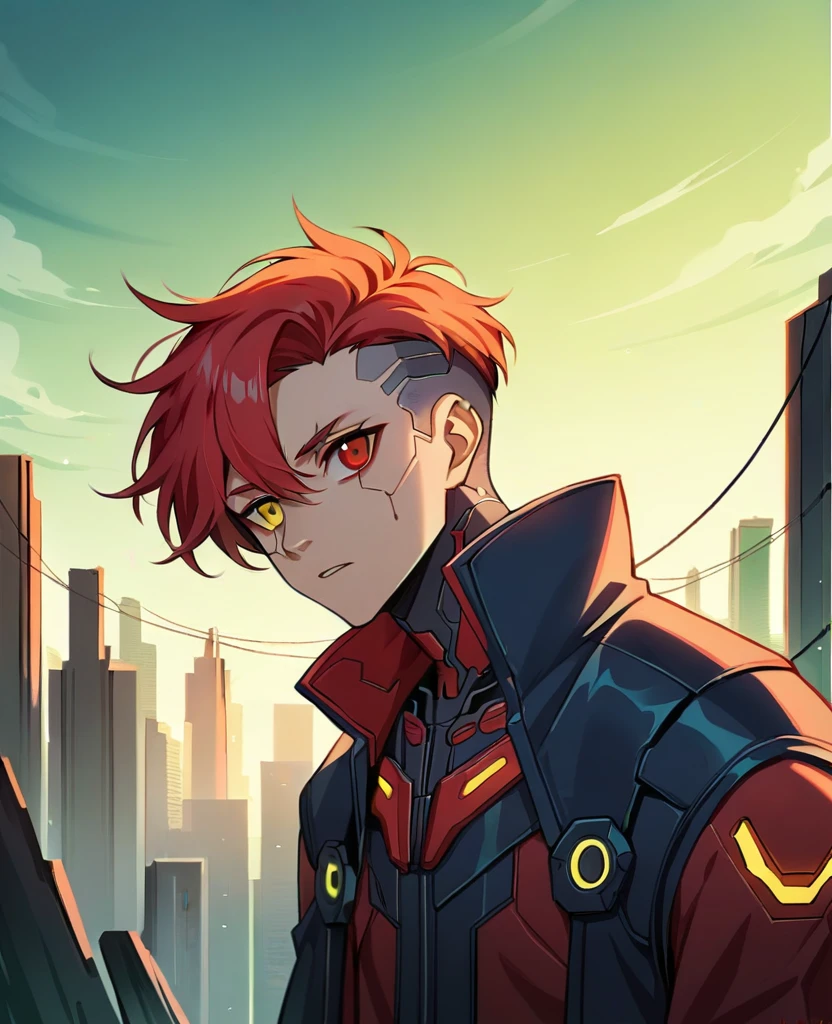 (masterpiece:1.3), (Best Cinematic Quality:1.2), (Very detailed settings:2), (soft+Artistic lighting), (One boy), short blue haired, (eye+yellow+red:1.4), (multicolored eye+Heterochromia iridis), wearing cyberpunk clothes, Futuristic, Technical, Cityscape (Around the robot)0.4], Creating a dramatic landscape.