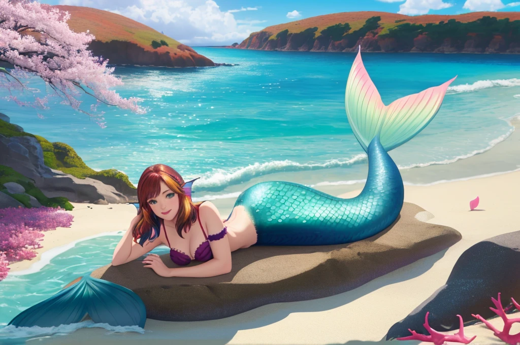 masterpiece, best quality:1.2), 1girl, smile, looking at viewer, green eyes, short brown multicolored hair, mermaid, mermaid girl, wearing purple seashell bra, laying on beach, colorful mermaid tail, outdoors, head fins, fin ears, under cherry blossoms