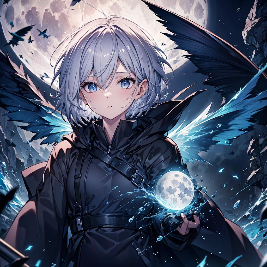 ((((grim Reaper　inflammation))))　(((Gray Hair　Short Hair　blue eyes　female　Close-up)))，((night　full moon　My own big wings))，(Wearing a hood　Black camisole　Purple light)，　A tense look　Shining Background　Shining Edge