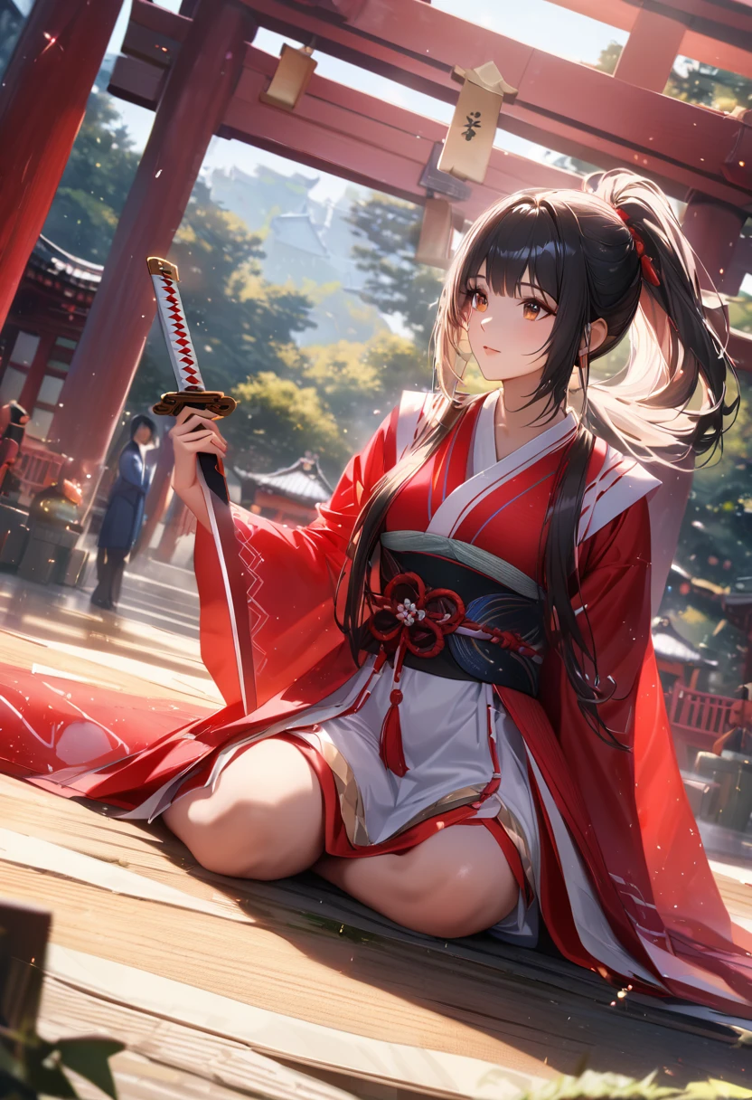 Shrine grounds, Clear sky with white clouds, Shrine maiden, Blur the background,young woman,ponytail,Holding a Japanese sword in an upright position,Glitter effect,Highest quality, 8K, High resolution, masterpiece:1.2, Very detailed, Realistic:1.37, High resolution, 超High resolution, Ultra-fine painting, Very detailed, Professional, Vibrant colors