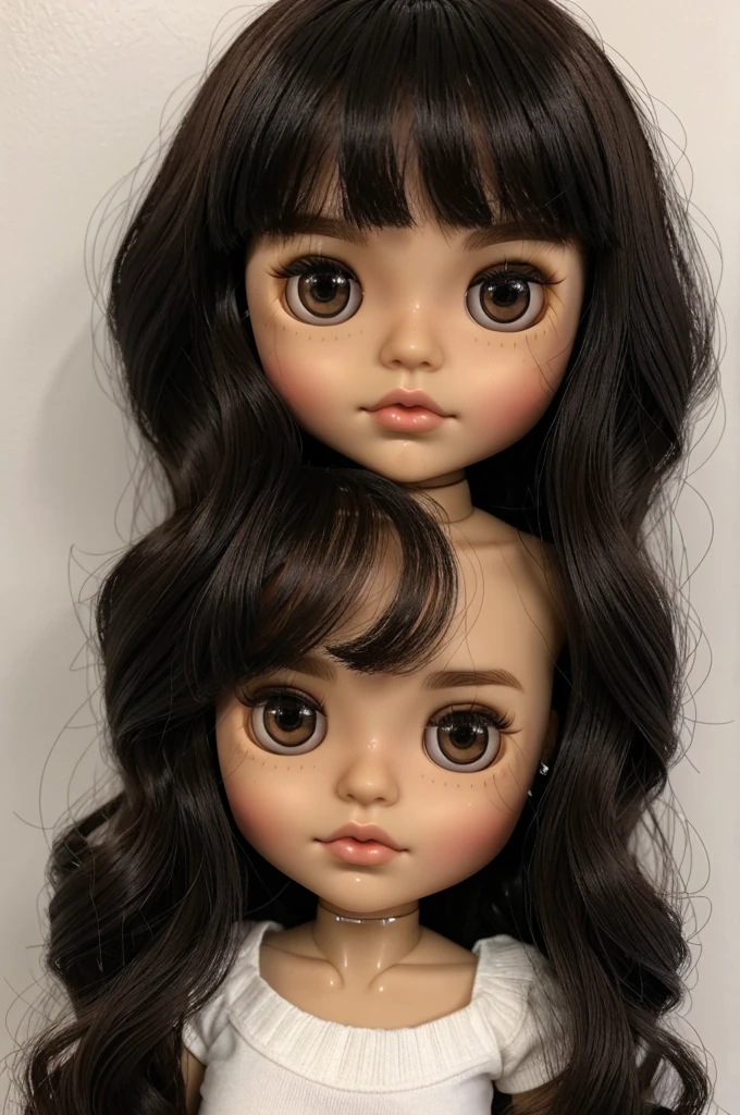 blythe doll black hair with bangs, light skin, lip and nose piercing, brown eyes