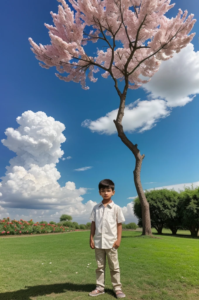 Create a beautiful picture a boy is standing front of a tree of flower and their are the clouds and tree of the flower the boys name is"ANAS" Is Written Oh Clouds