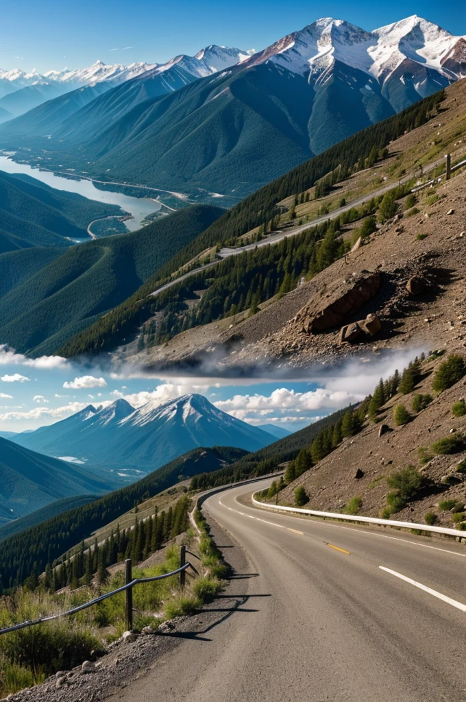 Panorama view of a mountain road with metal railings. In the background, there are mountains.