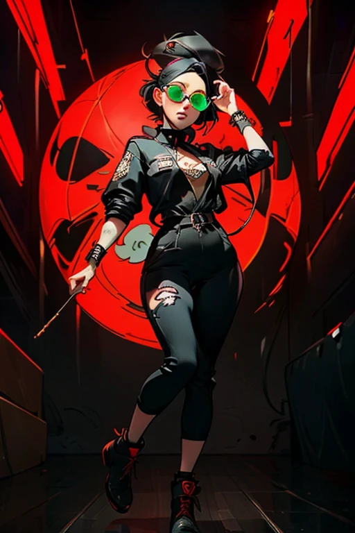 Black workwear jumpsuit、A woman wearing a costume covered with patches, cyber punk, Mosh Pit, (Highest quality,4K,8K,High resolution,masterpiece:1.2),Live Stage、Chinese style world view、Large sunglasses,Punkish hairstyle、Full body portrait、dynamic dancing