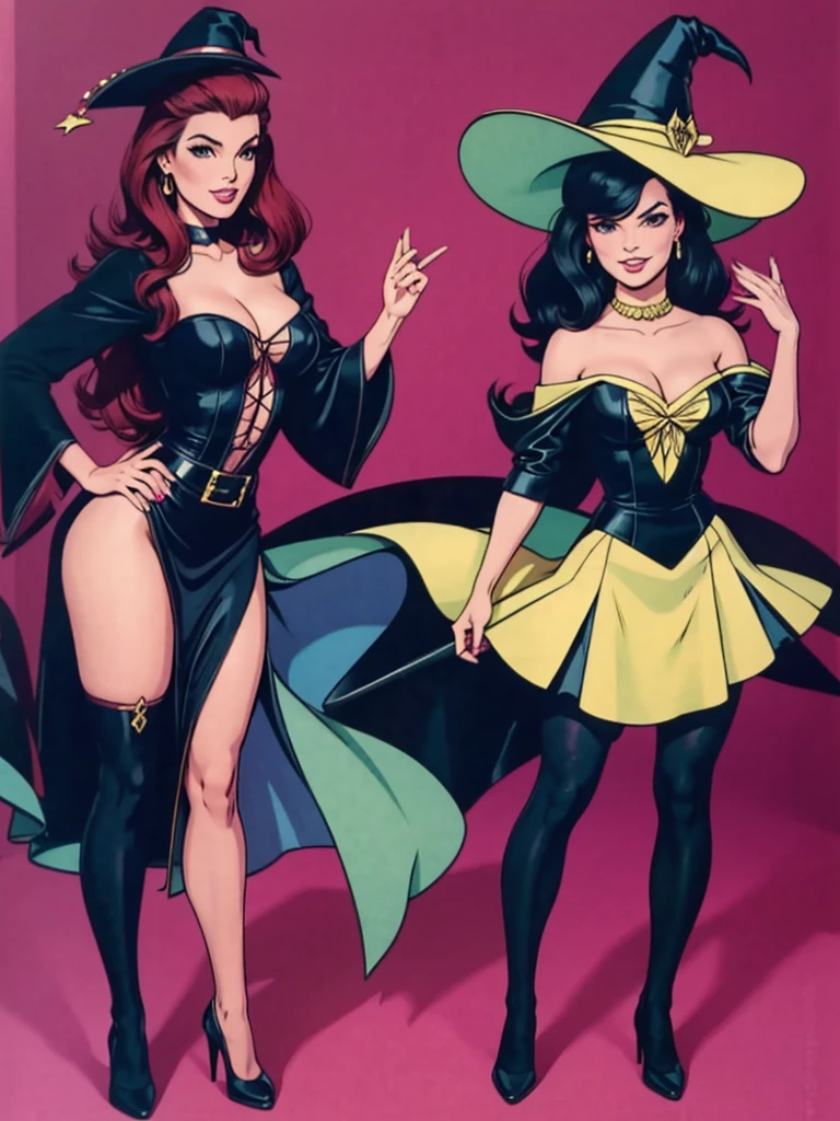 two fashionable young witch women posing for a picture, retro 60s girls fashion