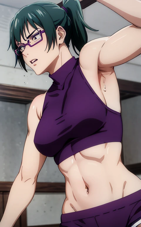 Maki Zenin, purple lingrie bra, shorts pants, curved, dark green hair, ponytail, well proportioned, muscular, large thighs, medium chest, purple glasses, gym background, armpits visible, sweaty armpits, very sweaty armpits, sweaty