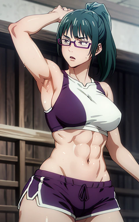 Maki Zenin, purple lingrie bra, shorts pants, curved, dark green hair, ponytail, well proportioned, muscular, large thighs, medium chest, purple glasses, gym background, armpits visible, sweaty armpits, very sweaty armpits, sweaty