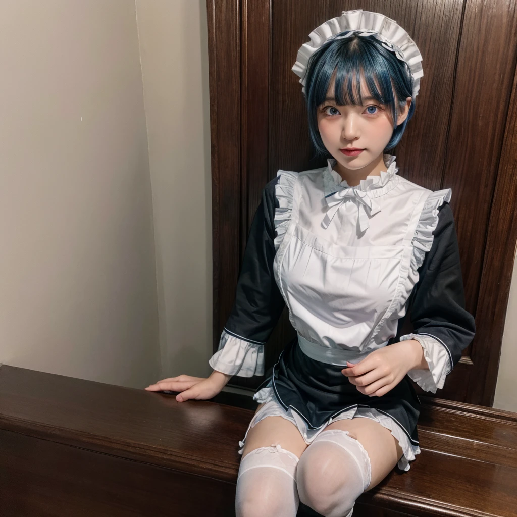 (8K, 4K, Best Quality, High Definition, Ultra High Definition: 1.1), (Masterpiece, Realistic, Photorealistic: 1.1), cute, erotic, model's expression, blue eyes, blue hair, hair ornament, hair over one eye, hair ribbon, short hair, apron, black ribbon, black skirt, black sleeves, detached collar, detached sleeves, flower, frilled apron, frilled skirt, frills, head wreath, long sleeves, maid, miniskirt, neck ribbon, purple ribbon, ribbon, ribbon trim, ribbon-trimmed sleeves, roswaal mansion maid uniform, thighhighs, waist apron, white apron, white thighhighs