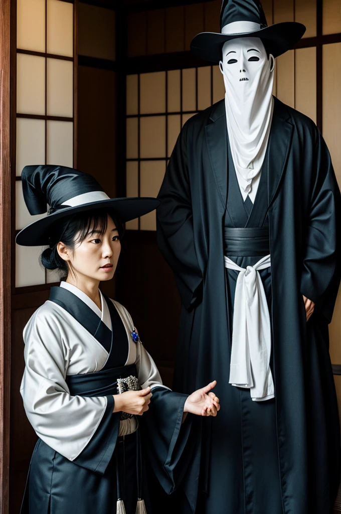 Japanese witch with ghost of a man talking to police