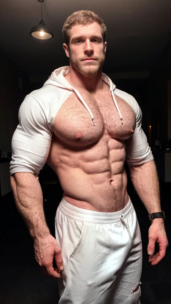 Masterpiece, front view, (Muscular, pale skin, black messy hair, extremely hairy chest, ripped, slim torso, handsome man, (((big pink perky nipples))), (((((Caucasian white man, Davey fisher))))) ), (detailed black pants), (wearing a black hoodie), dark room, low light, night time, facing viewer, 