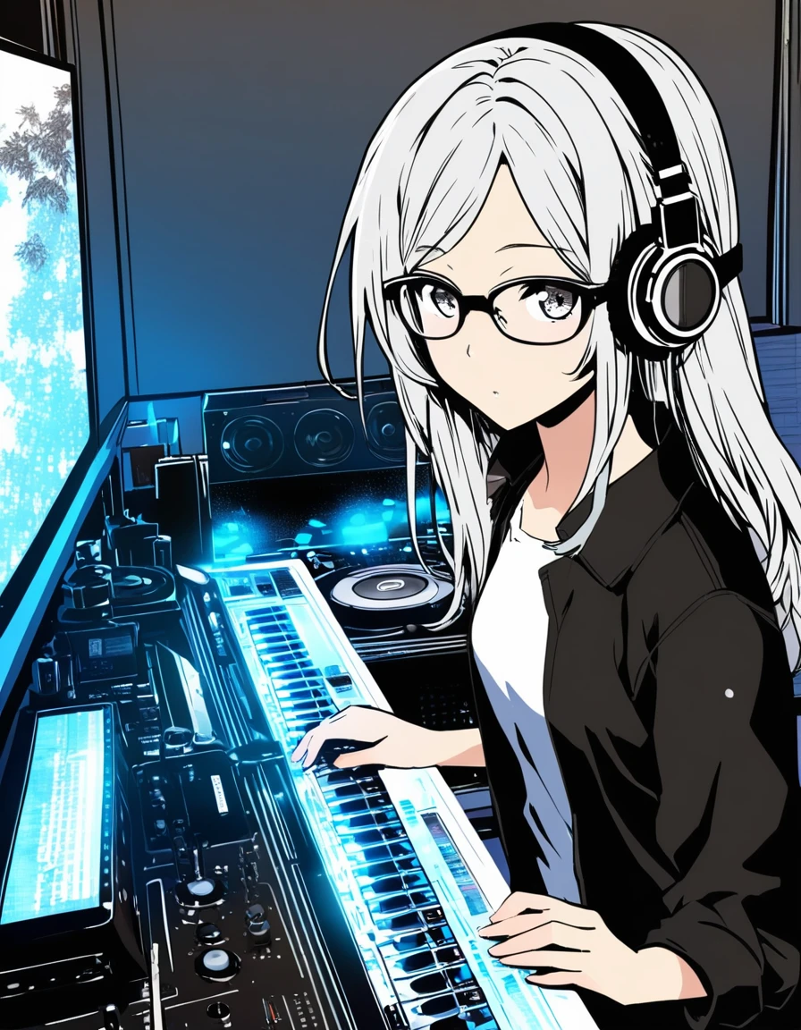 ultra-detailed:1.3, ultra delicate and detailed face:1.3, (absurdres, texture, masterpiece), isometric:1.3, Chinese ink painting, pixiv contest winner, by Hiromu Arakawa, by Shitao, Dynamic manga-style illustration of DJ Girl with glasses, emotionless, in DJ booth, 1headphone, rave,