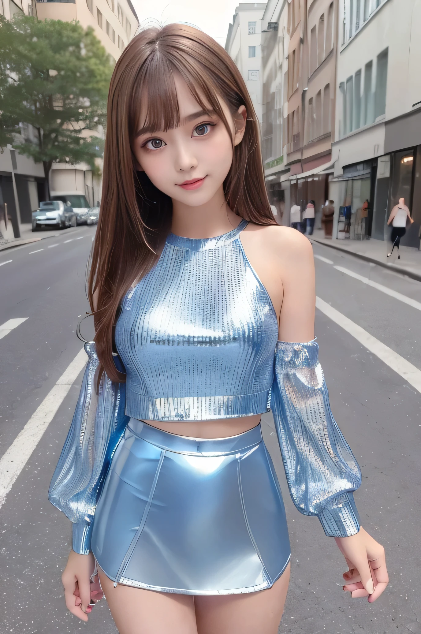 (Very beautiful loli young girl:1.2), (loli face:1.4), (large eyes:1.2), (clear-eyed), small straight nose, small mouth, (v-line jaw:1.1), Beautiful detailed eyes, Detailed double eyelids, Long straight brown hair, see-through bangs, beautiful detailed face, drooping eyes, (Fair skin: 1.3),(15 yo:1.2),(smiling),BREAK (Super Shiny metallic silver Tight mini Skirt :1.1),
(Super shiny Metallic blue Brilliant and stylish summer tops:1.5) , (super large fishnet pantyhose:1.1) , Walking,
Costume lighting,(costume with strong reflective surfaces:1.4),
In the street ,
(Brown hair:1.3)