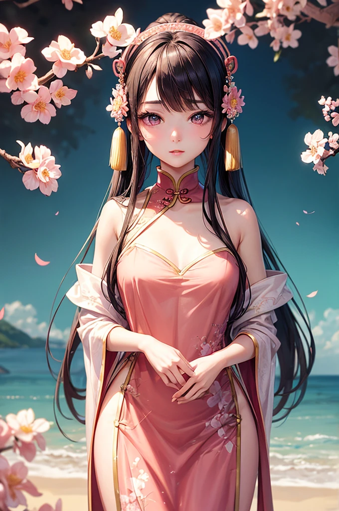 Gentle and charming Chinese beauty, Half-length photo, Exquisite and sexy collarbone, Charming oval face, double eyelids, Vivid peach blossom eyes, pink lips, Small nose, Bare shoulders, focused face, Close-up of face, Ultra high quality, Super detailed, elegant standing posture, Ultra-thin translucent wet yarn