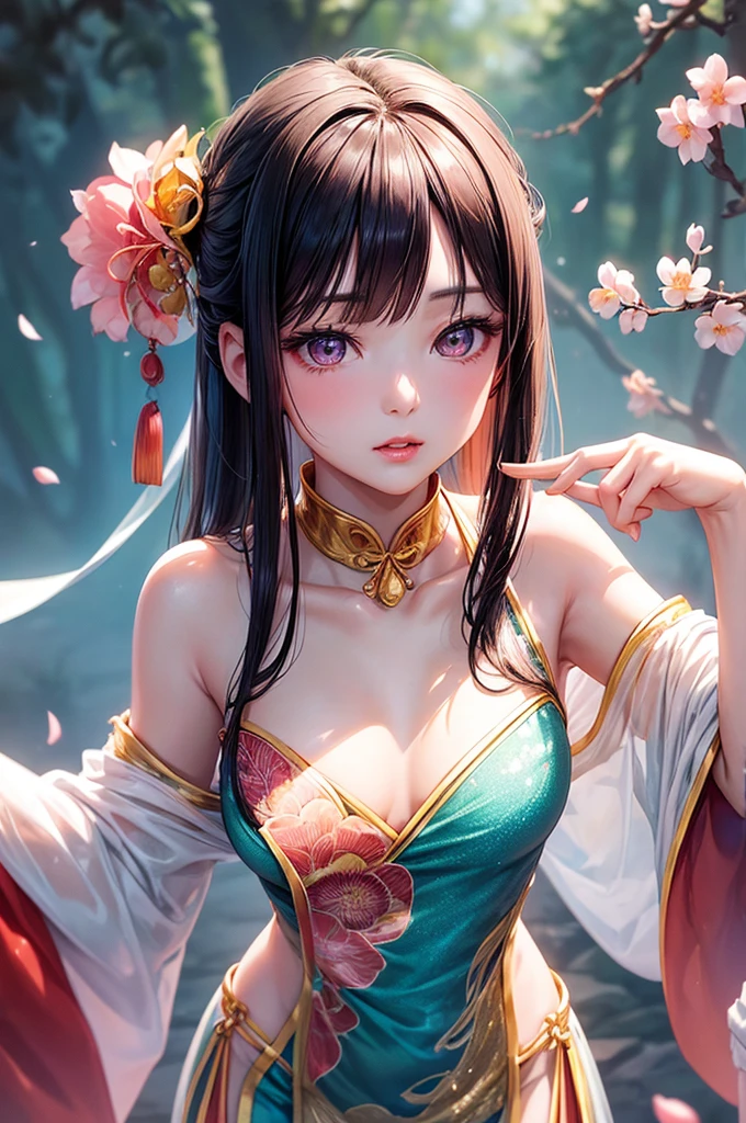 Gentle and charming Chinese beauty, Half-length photo, Exquisite and sexy collarbone, Charming oval face, double eyelids, Vivid peach blossom eyes, pink lips, Small nose, Bare shoulders, focused face, Close-up of face, Ultra high quality, Super detailed, elegant standing posture, Ultra-thin translucent wet yarn