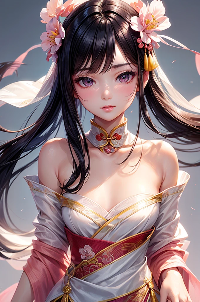 Gentle and charming Chinese beauty, Half-length photo, Exquisite and sexy collarbone, Charming oval face, double eyelids, Vivid peach blossom eyes, pink lips, Small nose, Bare shoulders, focused face, Close-up of face, Ultra high quality, Super detailed, elegant standing posture, Ultra-thin translucent wet yarn
