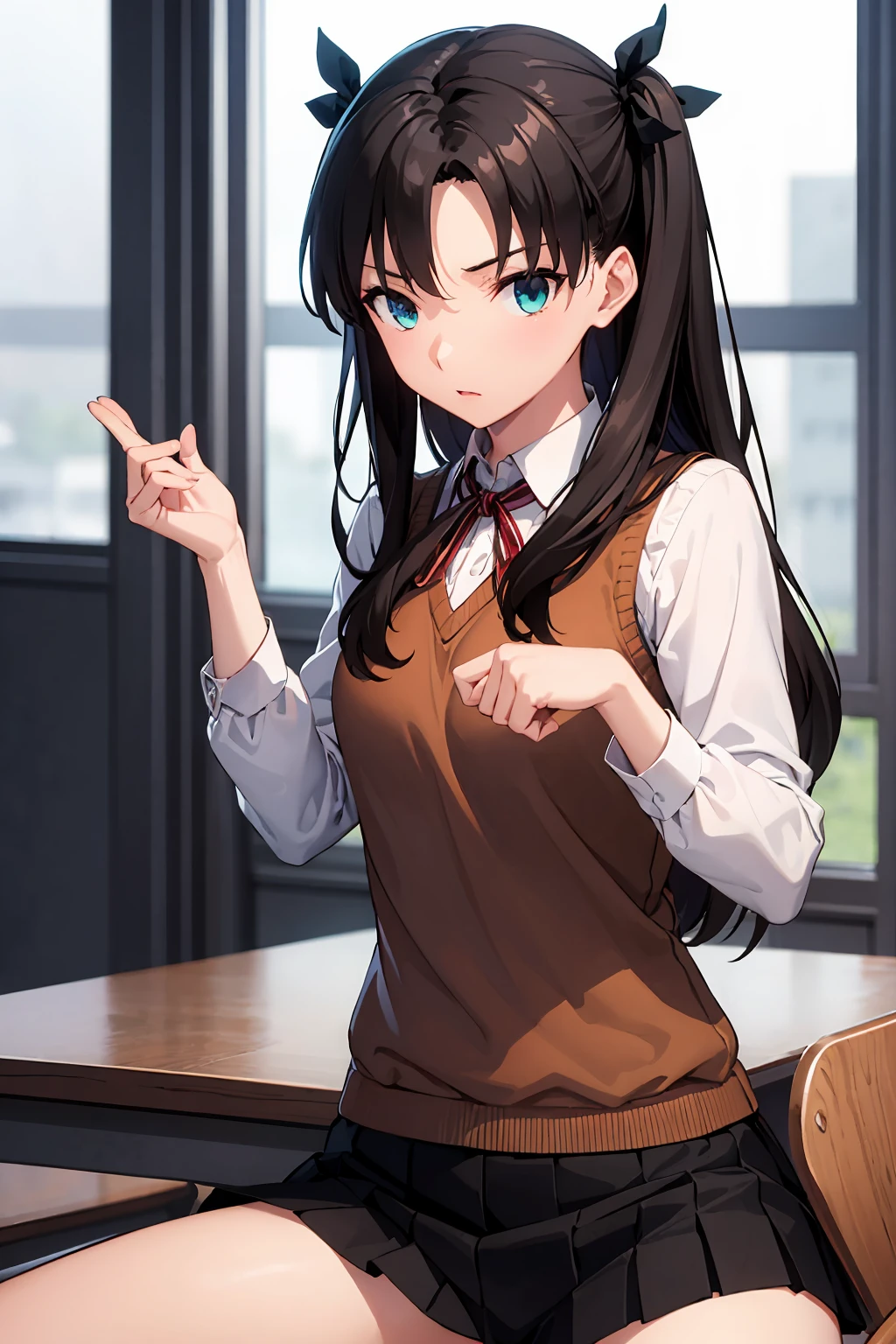 NSFW Tohsaka Rin, Aqua Eye, (Black Hair:1.5), hair ribbon, Long Hair, ribbon, Side Lock, Both sides up, (Parted bangs:1.5), break (brown Sweater vest:1.2), collared shirt, Homurahara Academy uniform, neck ribbon, red ribbon, ribbon, , shirt, Sweater vest, white shirt, break indoors, classroom, break looking at viewer, (Cowboy Shot:1.5) break (masterpiece:1.2), Highest quality, High resolution, unity 8k wallpaper, (figure:0.8), (Beautiful attention to detail:1.6), Highly detailed face, Perfect lighting, Highly detailed CG, (Perfect hands, Perfect Anatomy), Sit on a chair Cute white panties Spread your legs Spread your legs