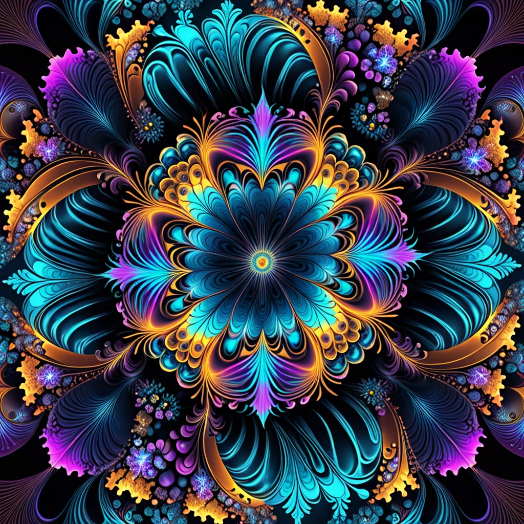 a highly detailed fractal inspired by the work of Benoit Mandelbrot, complex mathematical abstract patterns, intricate organic shapes, endless depth and detail, mesmerizing symmetry, vibrant colors, neon palette, glowing light effects, 8k, ultra-detailed, masterpiece, cinematic lighting, volumetric fog, hyper realistic, award winning digital art