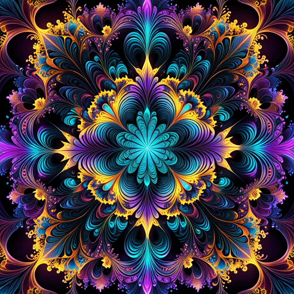 a highly detailed fractal inspired by the work of Benoit Mandelbrot, complex mathematical abstract patterns, intricate organic shapes, endless depth and detail, mesmerizing symmetry, vibrant colors, neon palette, glowing light effects, 8k, ultra-detailed, masterpiece, cinematic lighting, volumetric fog, hyper realistic, award winning digital art