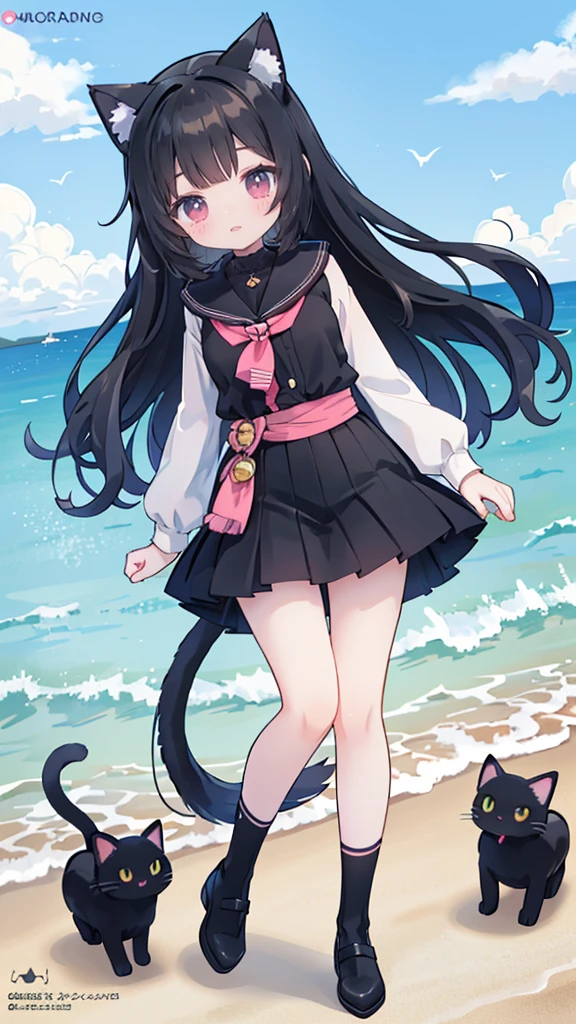 Black-haired anime girl with black cat ears standing on the beach, Anime visuals of cute girls, Anime girl Dressed in black, very beautiful anime cat girl, she is wearing a miniskirt,Beautiful anime catwoman, Cute anime catwoman, Anime cute art style, anime long hair girl,Dressed in black,Black mini skirt