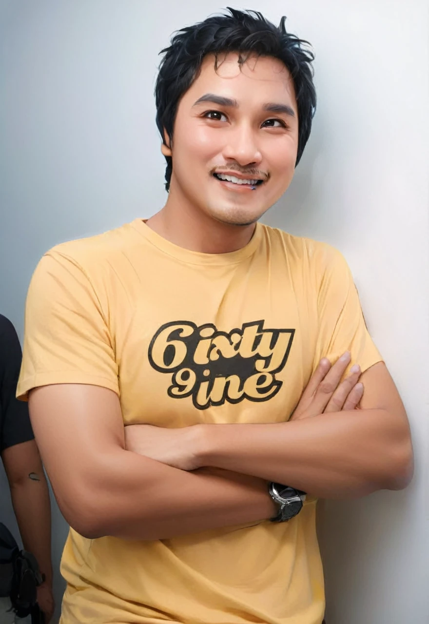 "Create a realistic full body 4D cartoon character with a big head, an 30 year old indonesian man with a happy and cheerful expression. Mouth wide open, He has a bald head with wavy gray hair on the sides, big ears, bushy eyebrows and a prominent mustache. He wearing a light blue blazer over a white shirt. The illustration should emphasize his wide, happy smile and friendly demeanor."