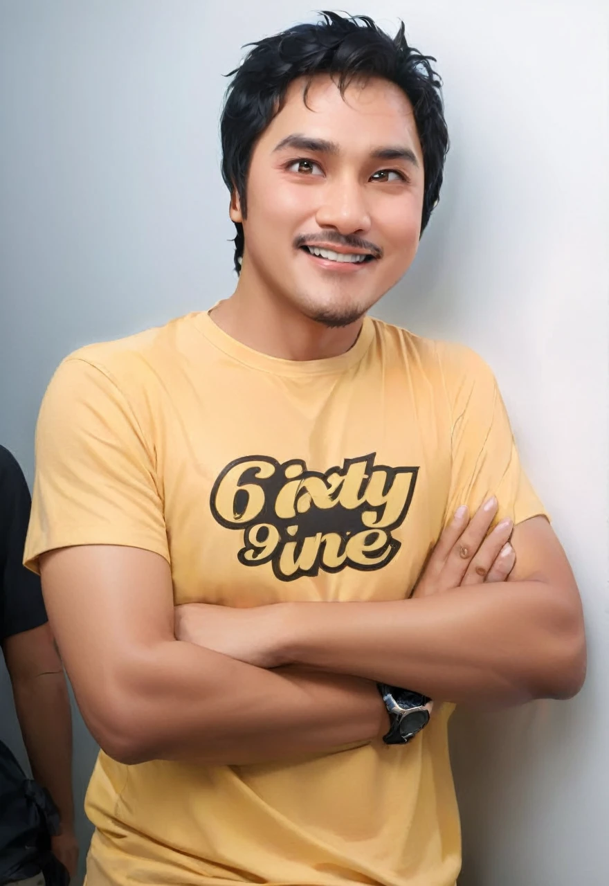 "Create a realistic full body 4D cartoon character with a big head, an 30 year old indonesian man with a happy and cheerful expression. Mouth wide open, He has a bald head with wavy gray hair on the sides, big ears, bushy eyebrows and a prominent mustache. He wearing a light blue blazer over a white shirt. The illustration should emphasize his wide, happy smile and friendly demeanor."