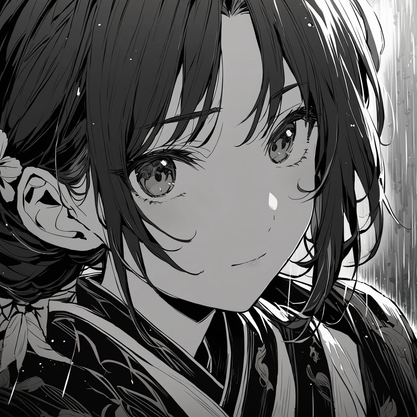 Beautiful anime portrait,Black monochrome,Oriental Wallpaper,Gray-black,Feeling,very anime style,Japanese Samurai,rain,Close-up,Soft Light,Rich in details,The expression is firm,Kimono decoration,Background blur,Vivid colors,情Feeling深沉
