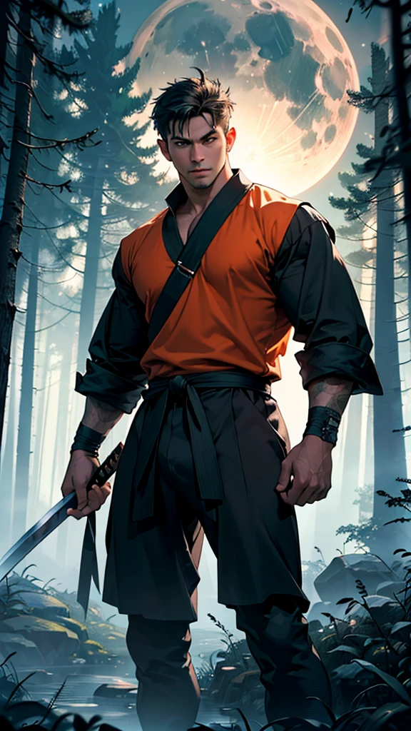 (Best quality, 4K, Highres, masterpiece: 1.2), highly detailed, (realistic, photorealistic, photo-realistic: 1.37), a muscular man. He was surrounded by dense forests, living with the sounds of nature. It was a moonlit night, and the darkness added to the mysterious atmosphere. The man was wearing tights with neon orange stripes that glow in the dark, making him stand out on the scene. His sword (katana) was drawn, fighting