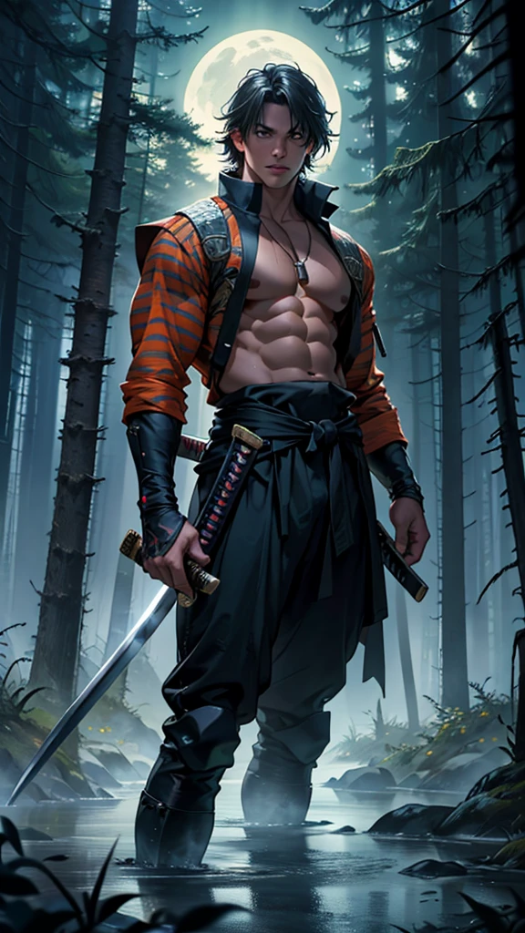 (Best quality, 4K, Highres, masterpiece: 1.2), highly detailed, (realistic, photorealistic, photo-realistic: 1.37), a muscular man. He was surrounded by dense forests, living with the sounds of nature. It was a moonlit night, and the darkness added to the mysterious atmosphere. The man was wearing tights with neon orange stripes that glow in the dark, making him stand out on the scene. His sword (katana) was drawn, fighting 